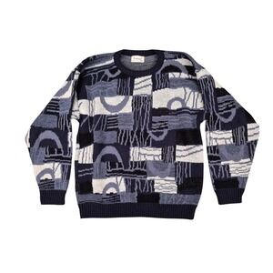 Protege Mens Small Geometric Abstract Knit Crewneck Sweater Navy Blue USA VTG